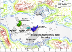 Figure 2: Wireframes defining the Lakuwahi JORC Mineral Resource plotted in relation to the prospective resistivity anomalies within the Magnetite Destruction Zone mineralising system. The untested and minimally tested anomalies are priority targets for 2012 drilling and are considered to have a high potential for discovery.